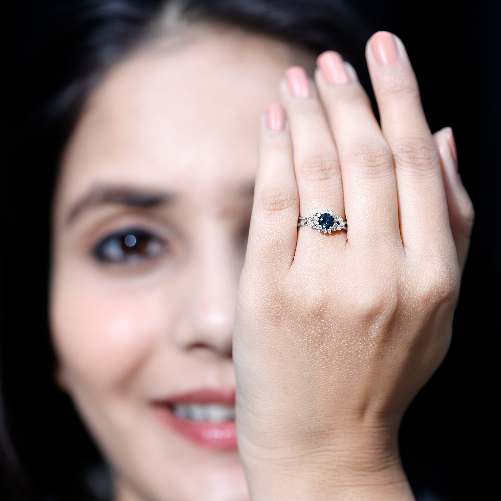 5mm London Blue Topaz Floral Engagement Ring with Diamond