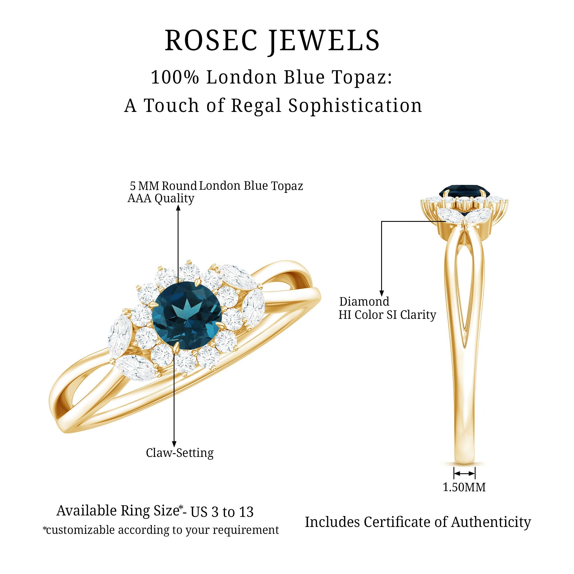 5mm London Blue Topaz Floral Engagement Ring with Diamond