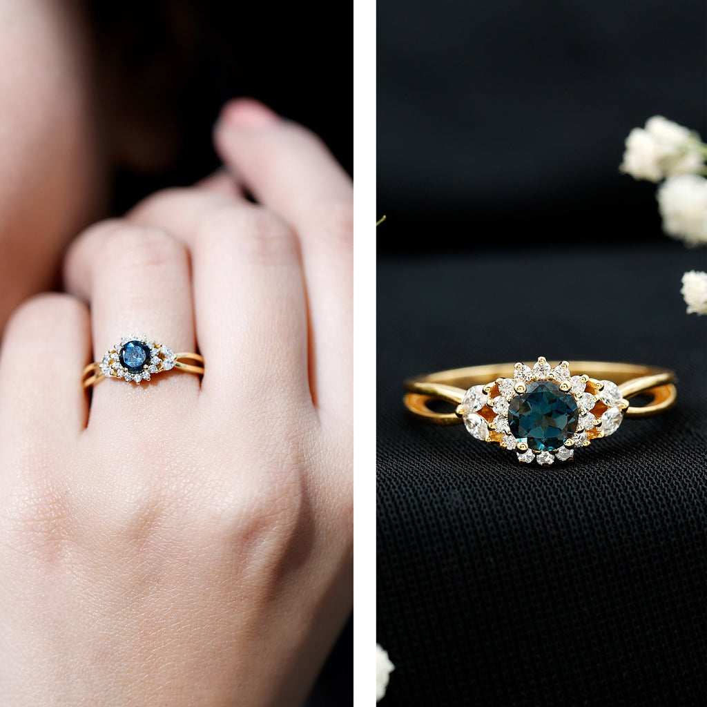 5mm London Blue Topaz Floral Engagement Ring with Diamond