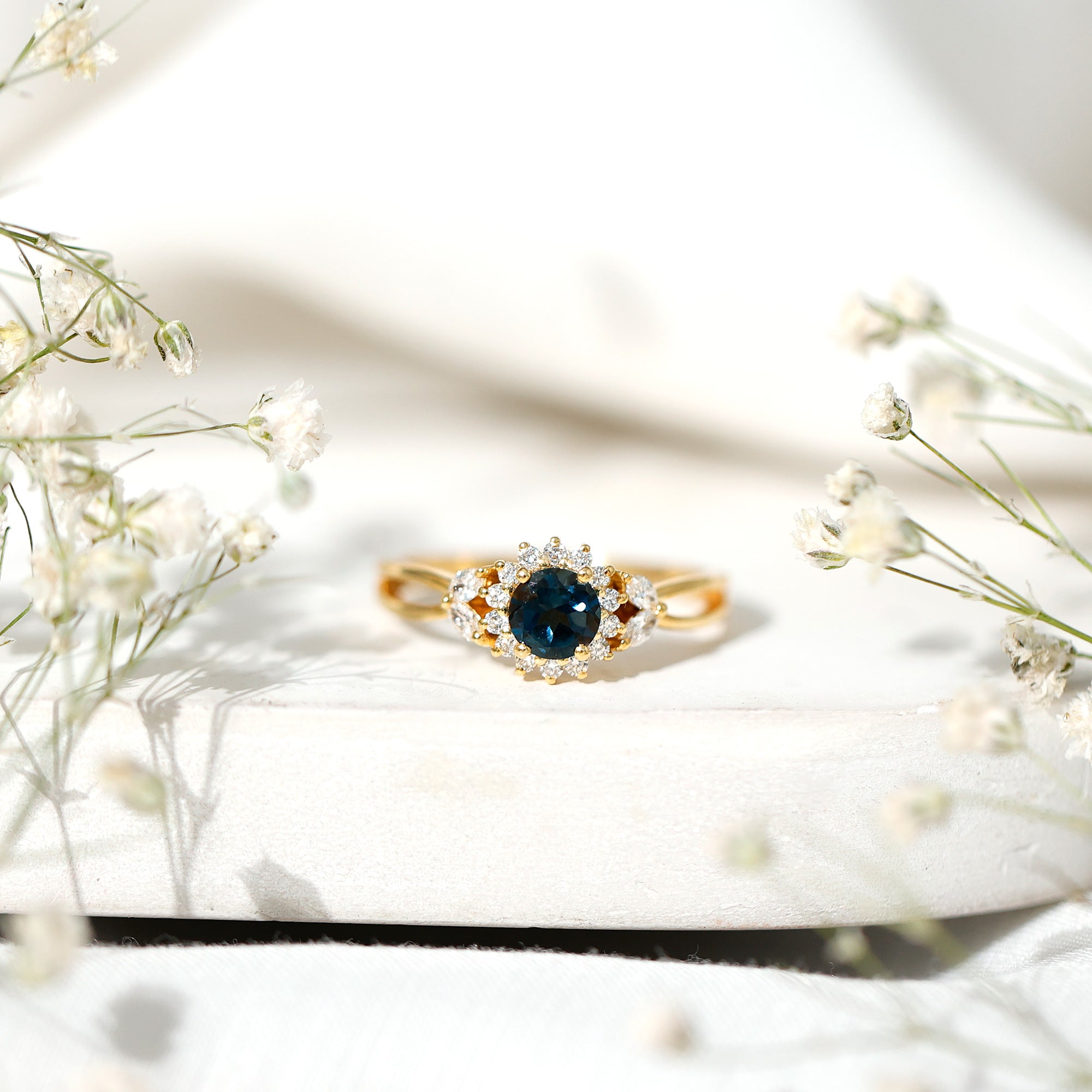 5mm London Blue Topaz Floral Engagement Ring with Diamond