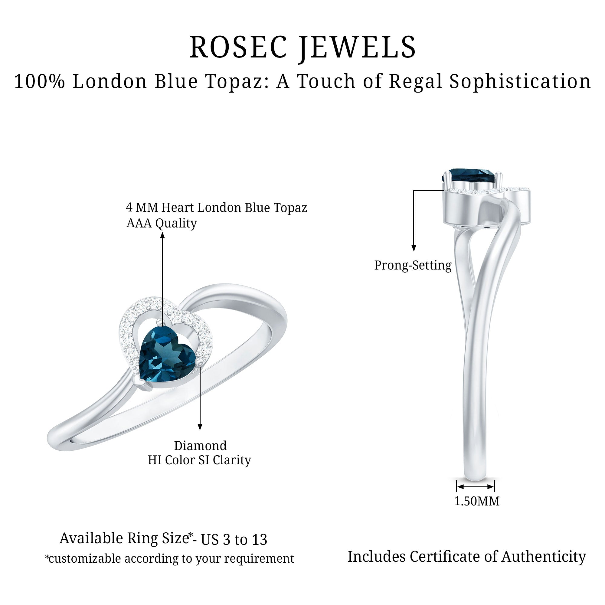 Natural London Blue Topaz Heart Promise Ring with Diamond