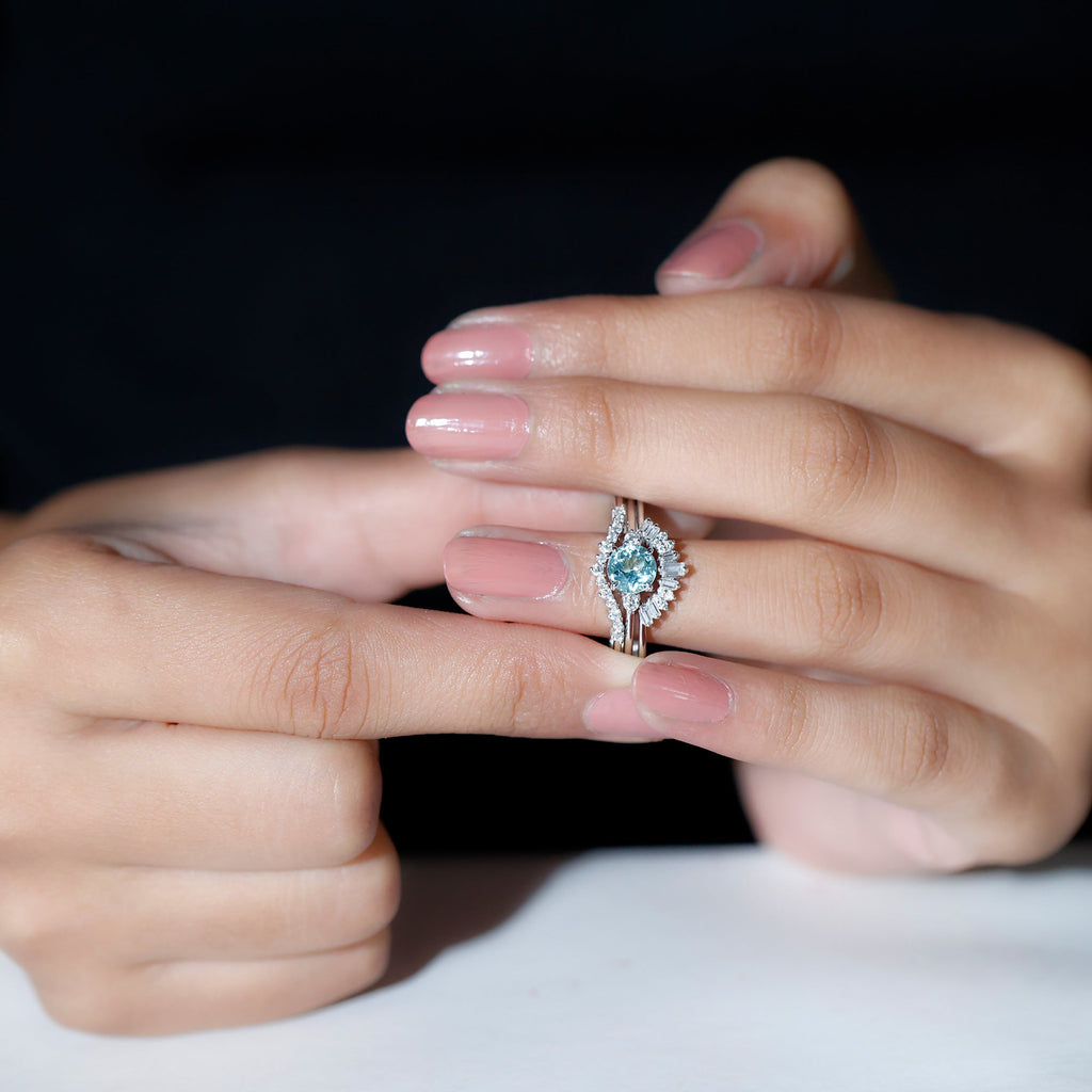 Real Aquamarine Designer Trio Wedding Ring Set with Diamond