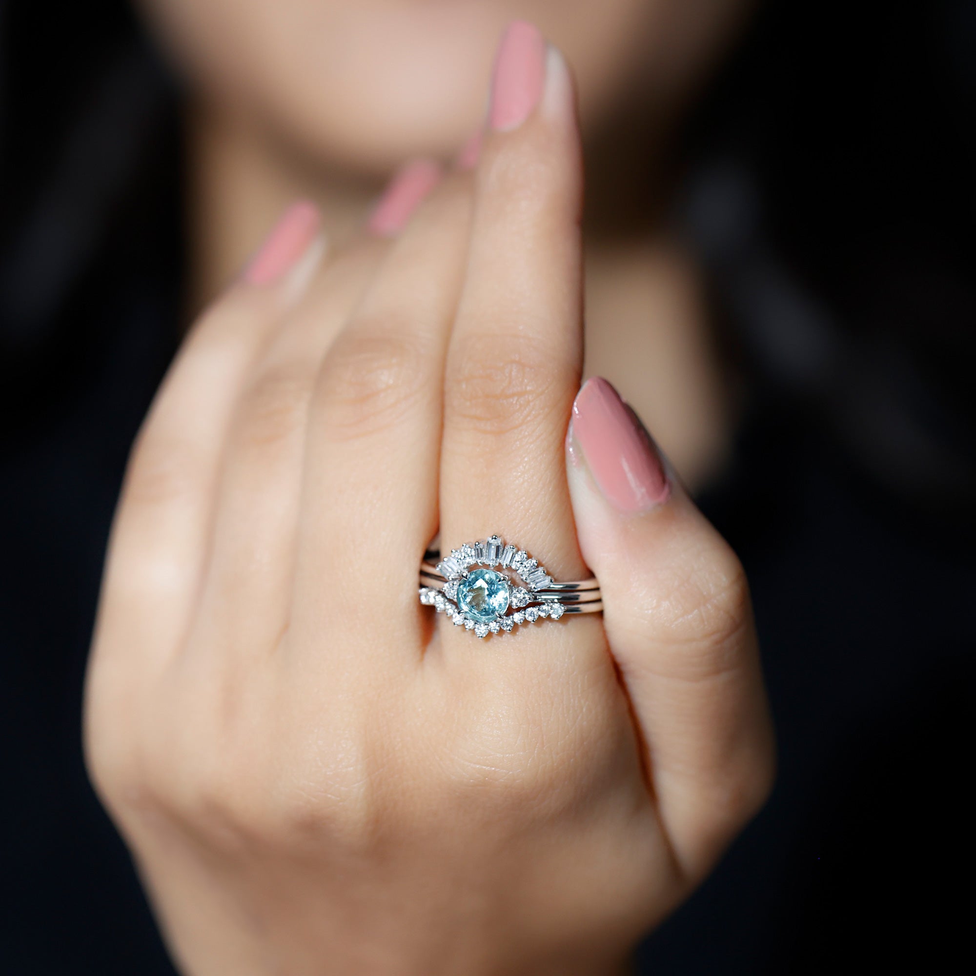 Real Aquamarine Designer Trio Wedding Ring Set with Diamond