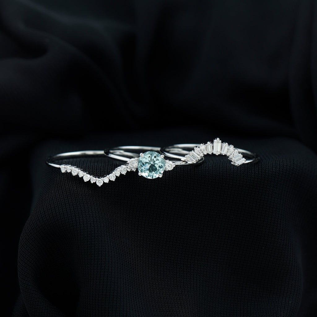 Real Aquamarine Designer Trio Wedding Ring Set with Diamond