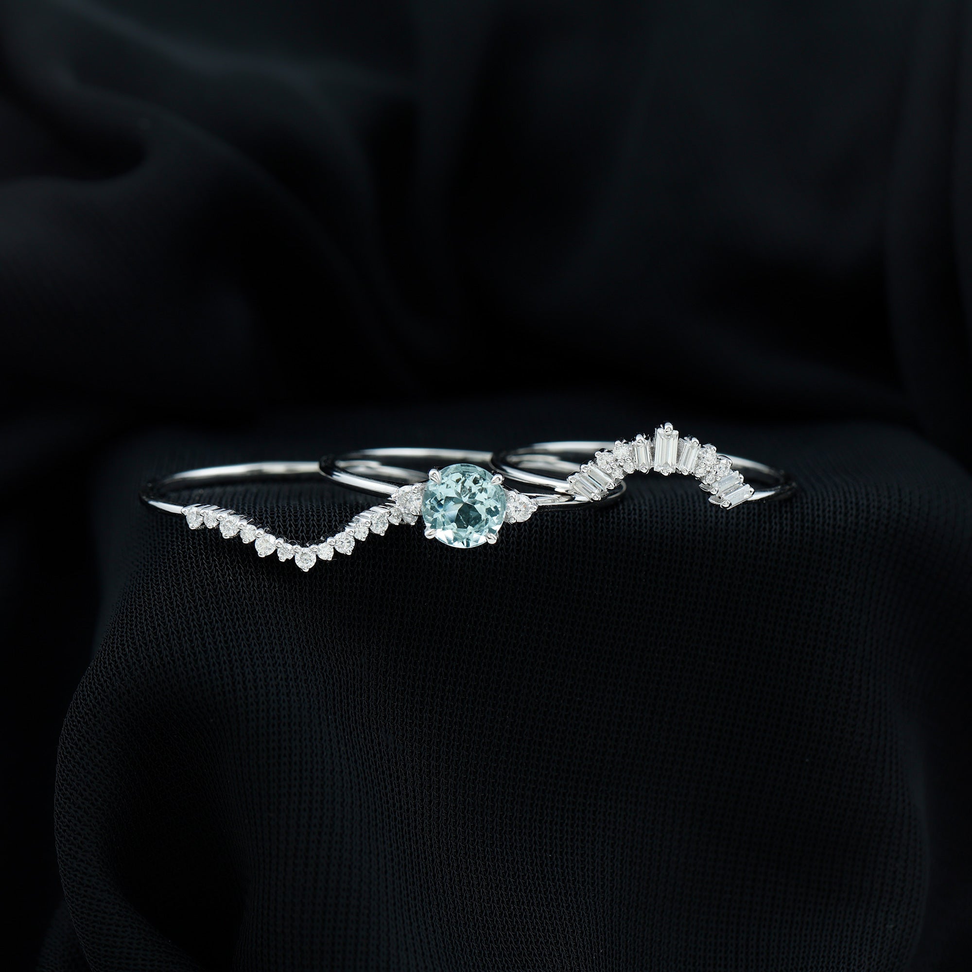 Real Aquamarine Designer Trio Wedding Ring Set with Diamond