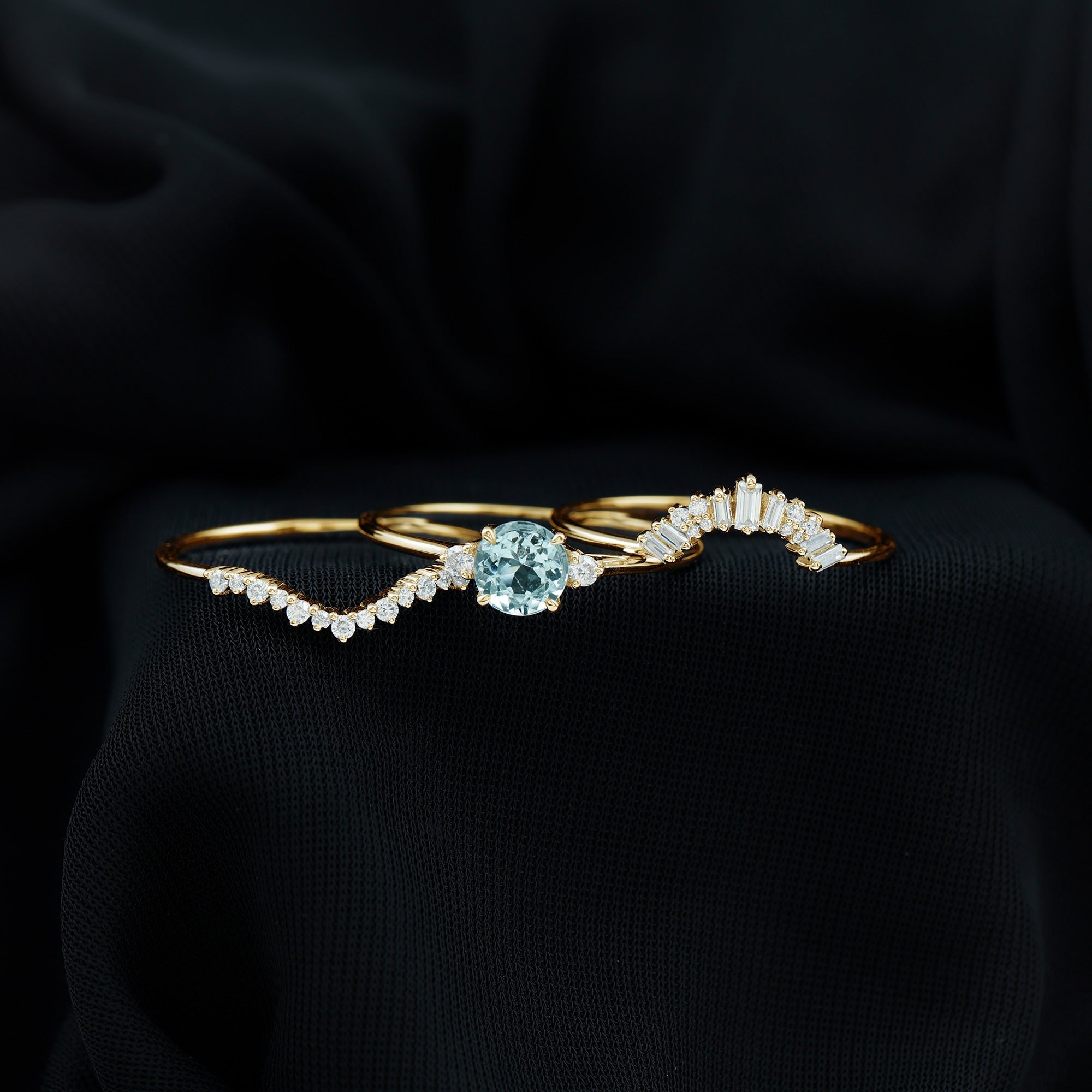 Real Aquamarine Designer Trio Wedding Ring Set with Diamond