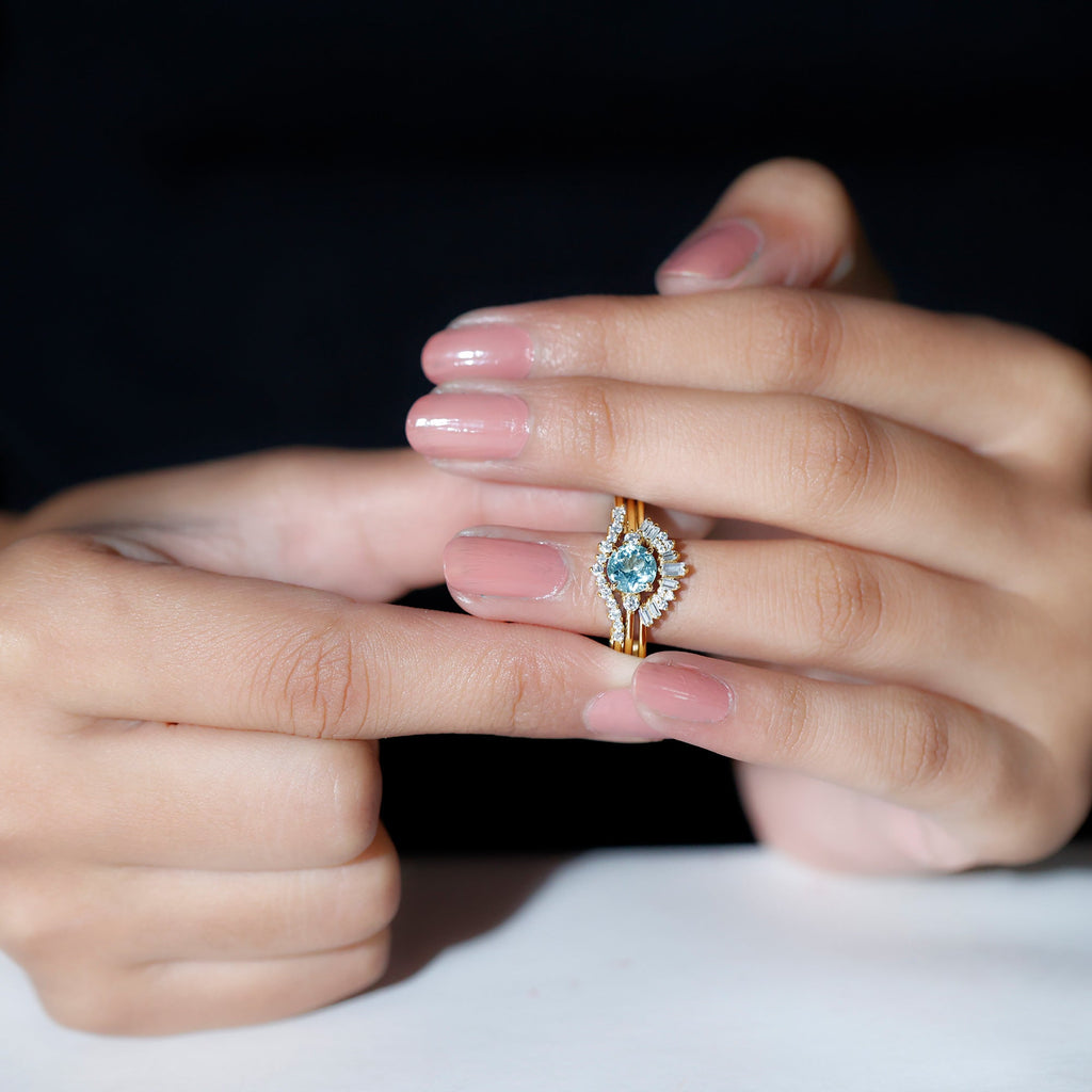 Real Aquamarine Designer Trio Wedding Ring Set with Diamond
