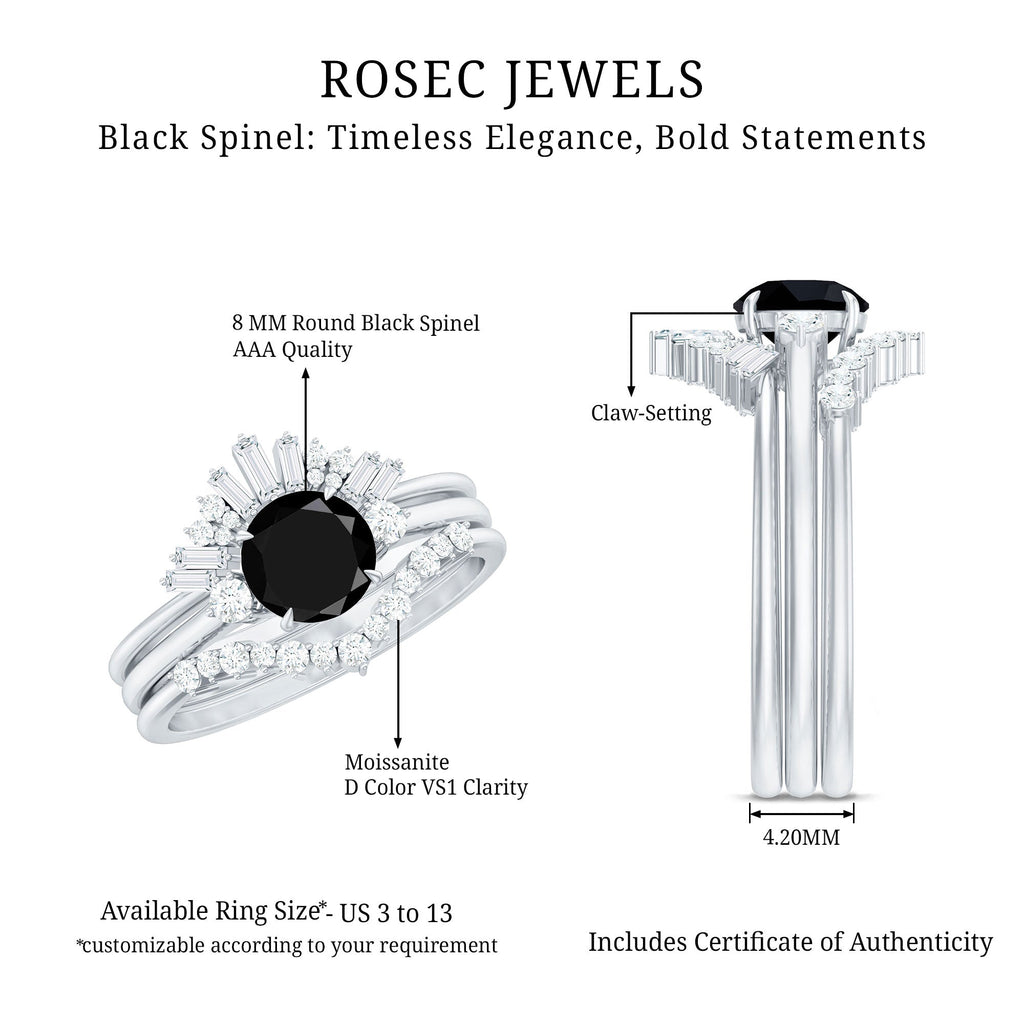 Vintage Looking Black Spinel 3 Piece Bridal Ring Set with Moissanite