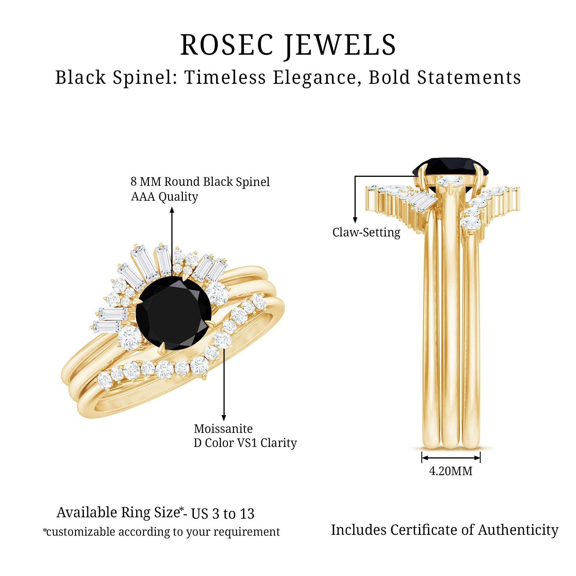 Vintage Looking Black Spinel 3 Piece Bridal Ring Set with Moissanite