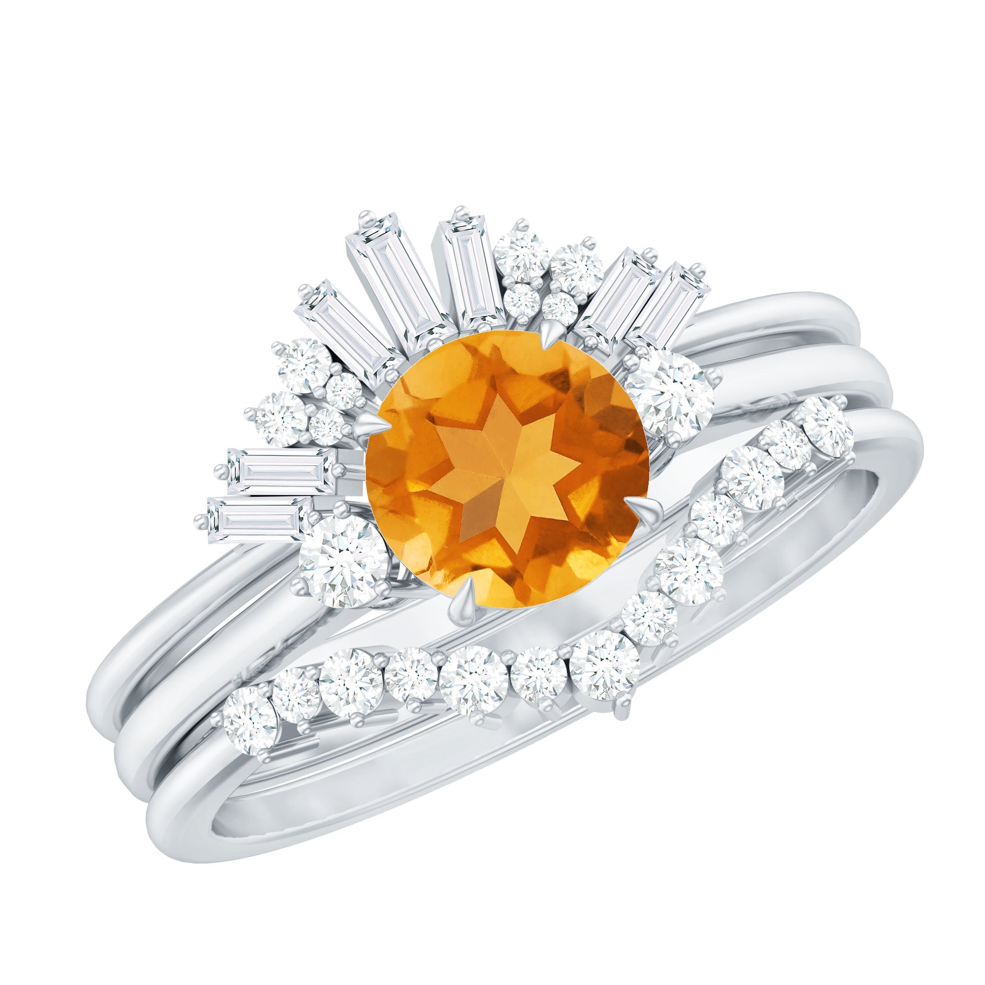 Designer Citrine 3 Piece Wedding Ring Set with Moissanite