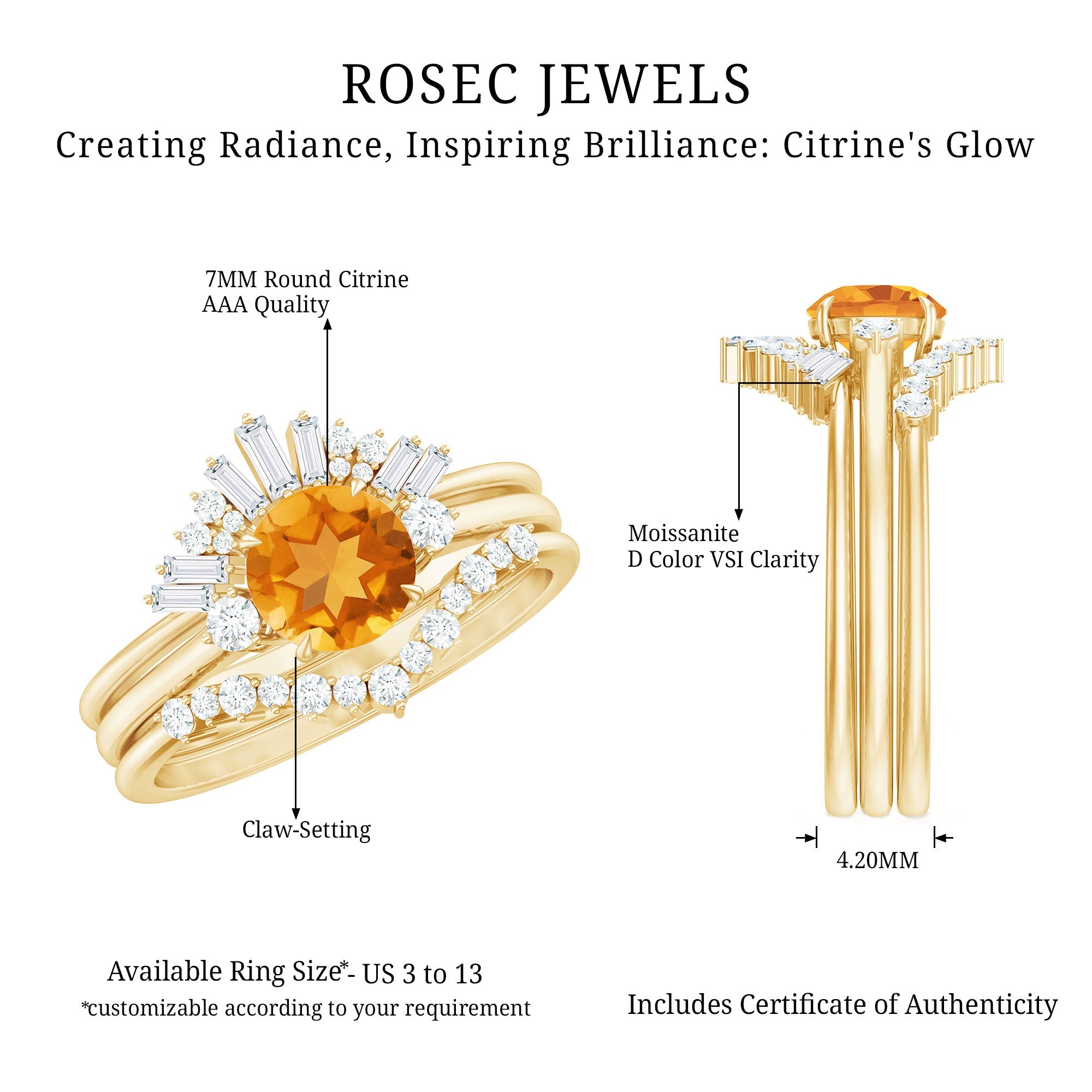 Designer Citrine 3 Piece Wedding Ring Set with Moissanite