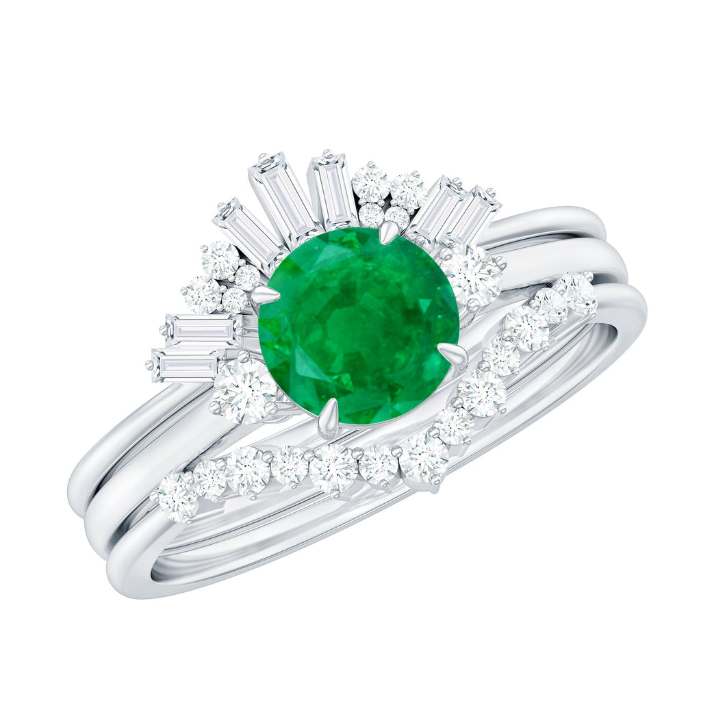 Vintage Inspired Emerald Diamond Wedding Bridal Ring Set of 3