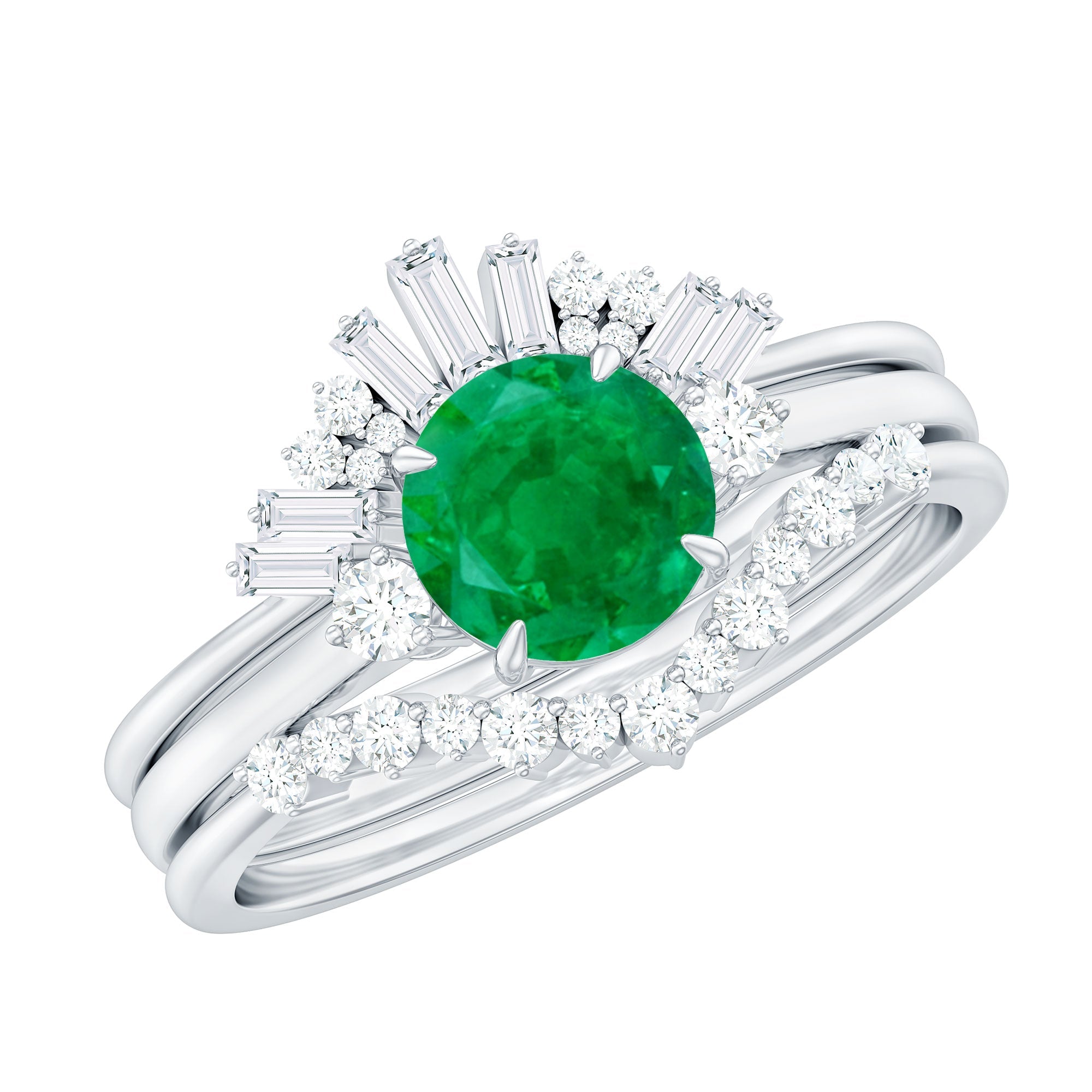 Vintage Inspired Emerald Diamond Wedding Bridal Ring Set of 3