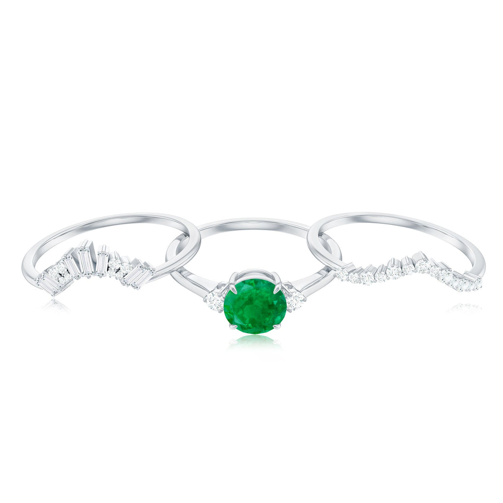 Vintage Inspired Emerald Diamond Wedding Bridal Ring Set of 3