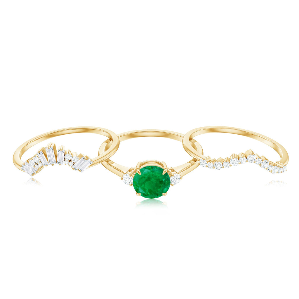 Vintage Inspired Emerald Diamond Wedding Bridal Ring Set of 3