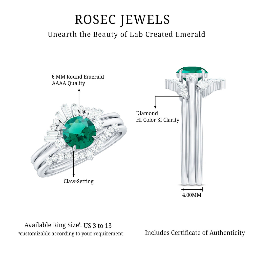 Vintage Inspired Lab Grown Emerald Diamond Wedding Bridal Ring Set of 3
