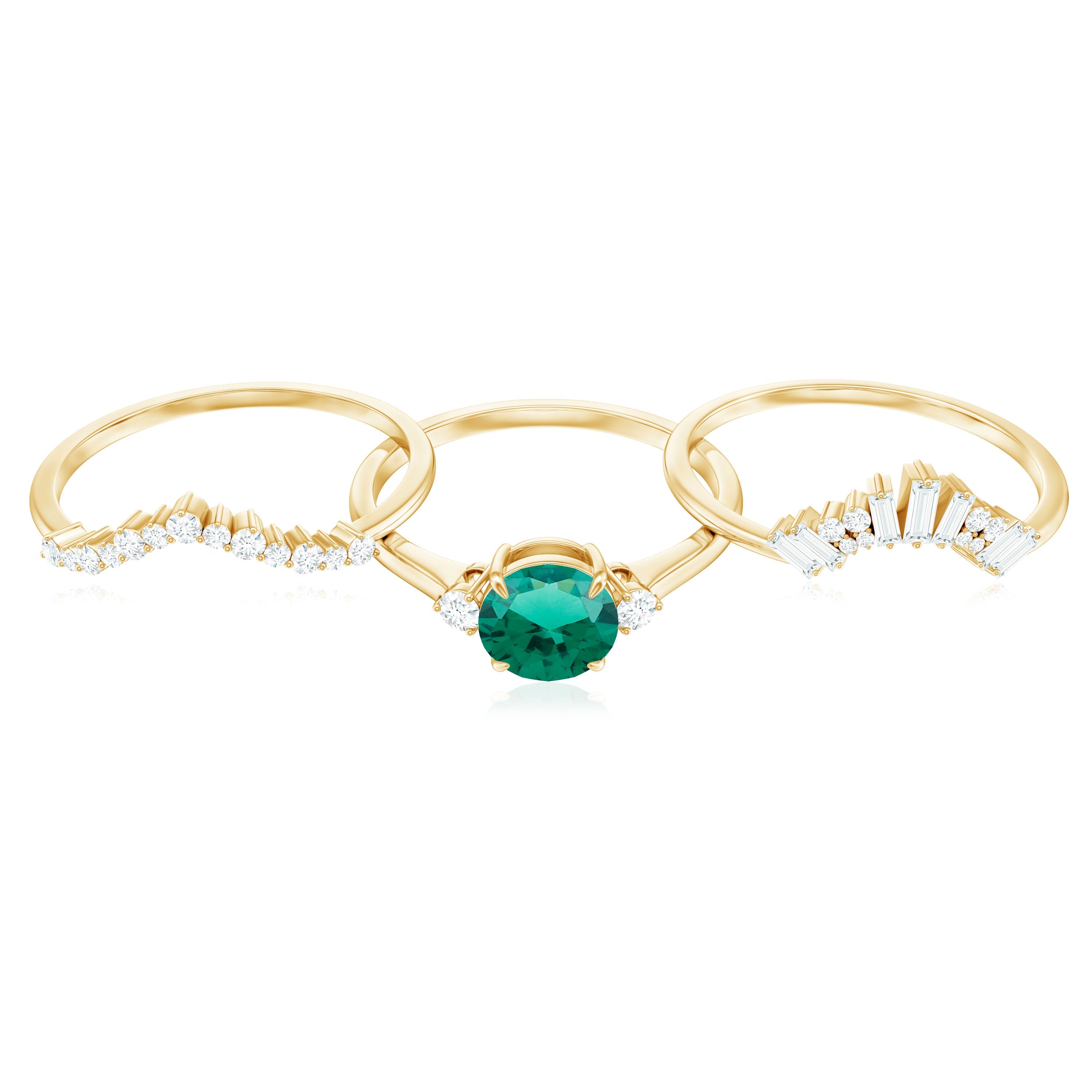 Vintage Inspired Lab Grown Emerald Diamond Wedding Bridal Ring Set of 3