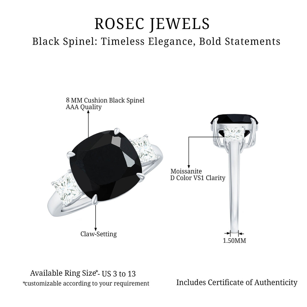 Cushion Cut Black Spinel Solitaire Engagement Ring with Moissanite