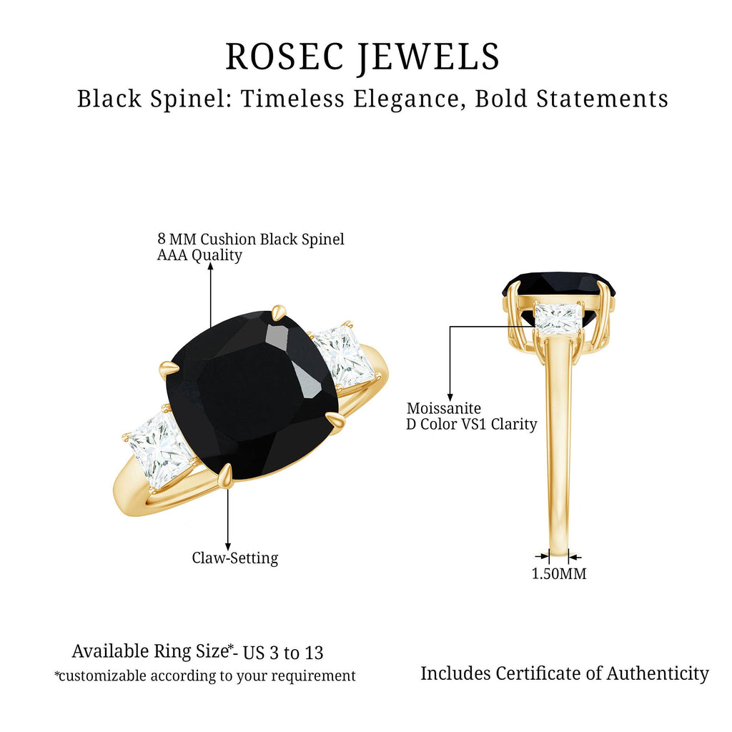 Cushion Cut Black Spinel Solitaire Engagement Ring with Moissanite