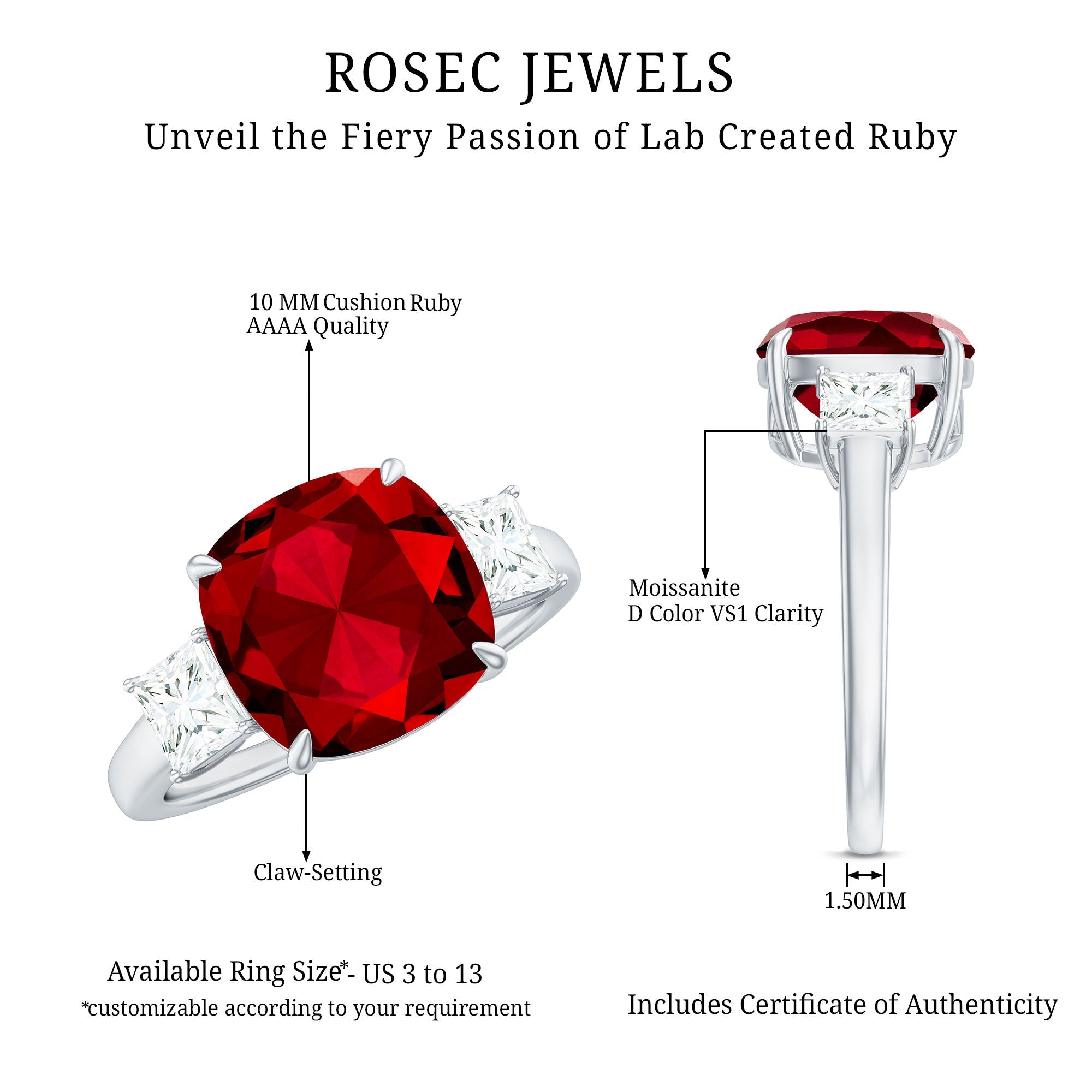 Lab Created Ruby Cushion Engagement Ring with Moissanite