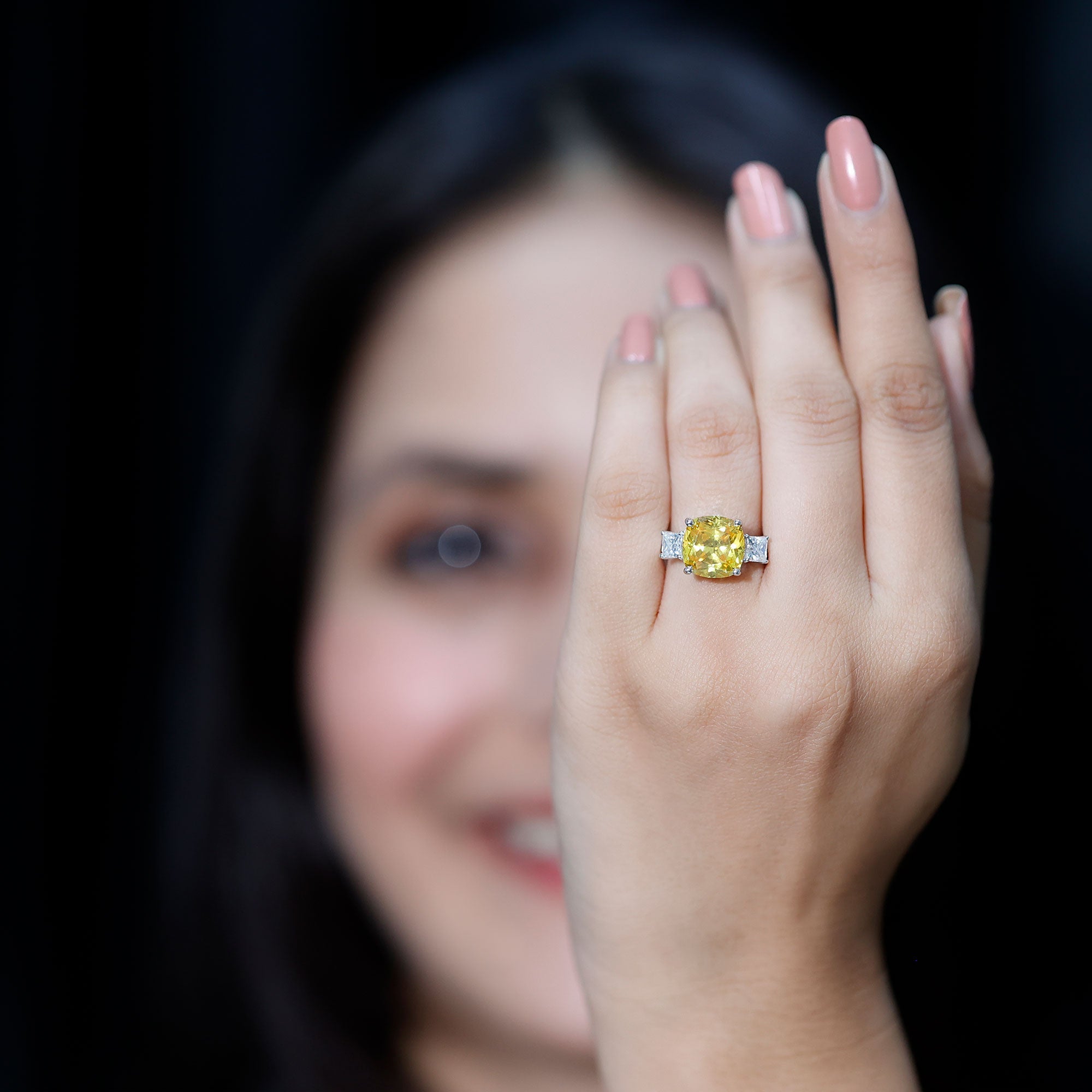 Lab Created Yellow Sapphire 3 Stone Statement Engagement Ring