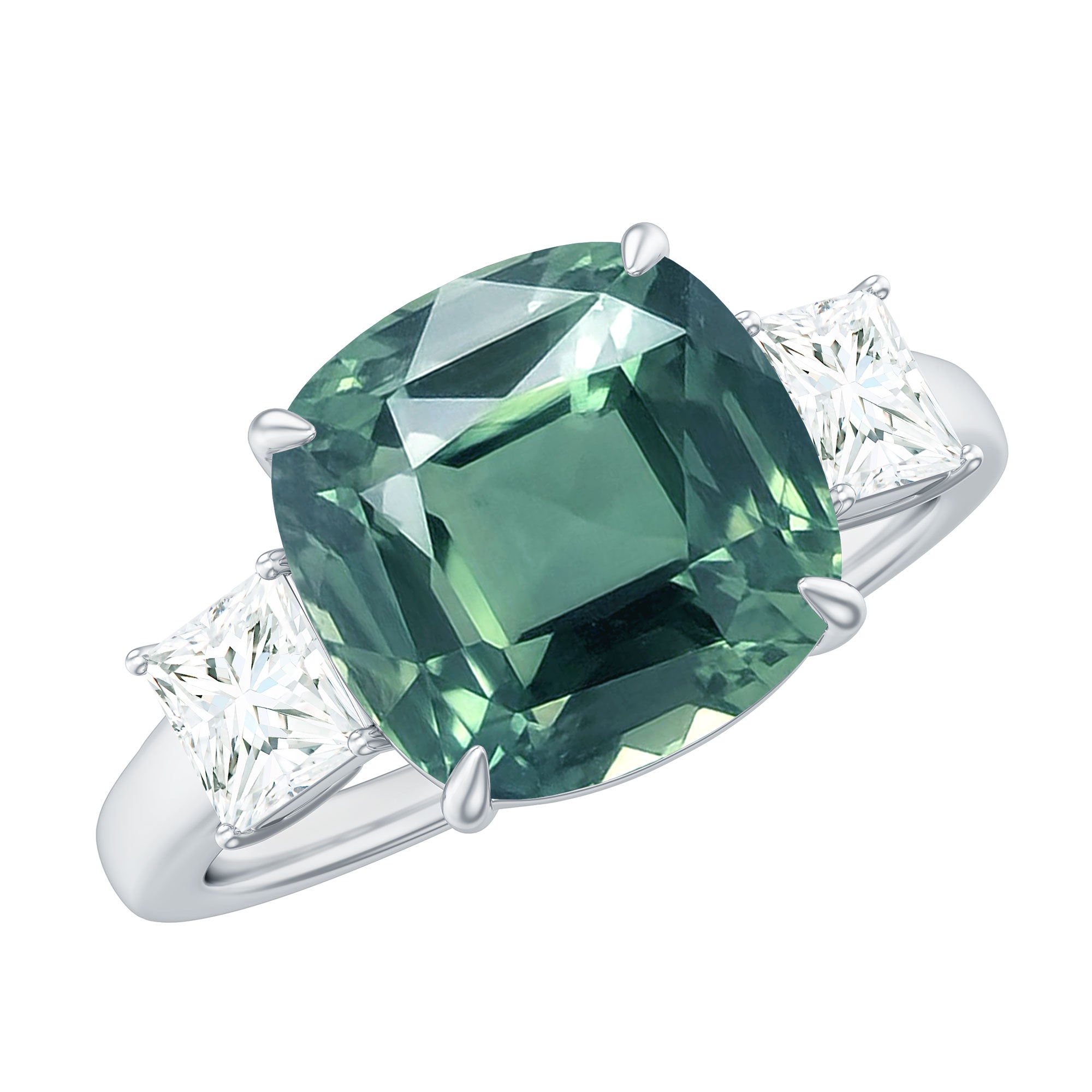 Cushion Cut Created Green Sapphire and Moissanite Engagement Ring