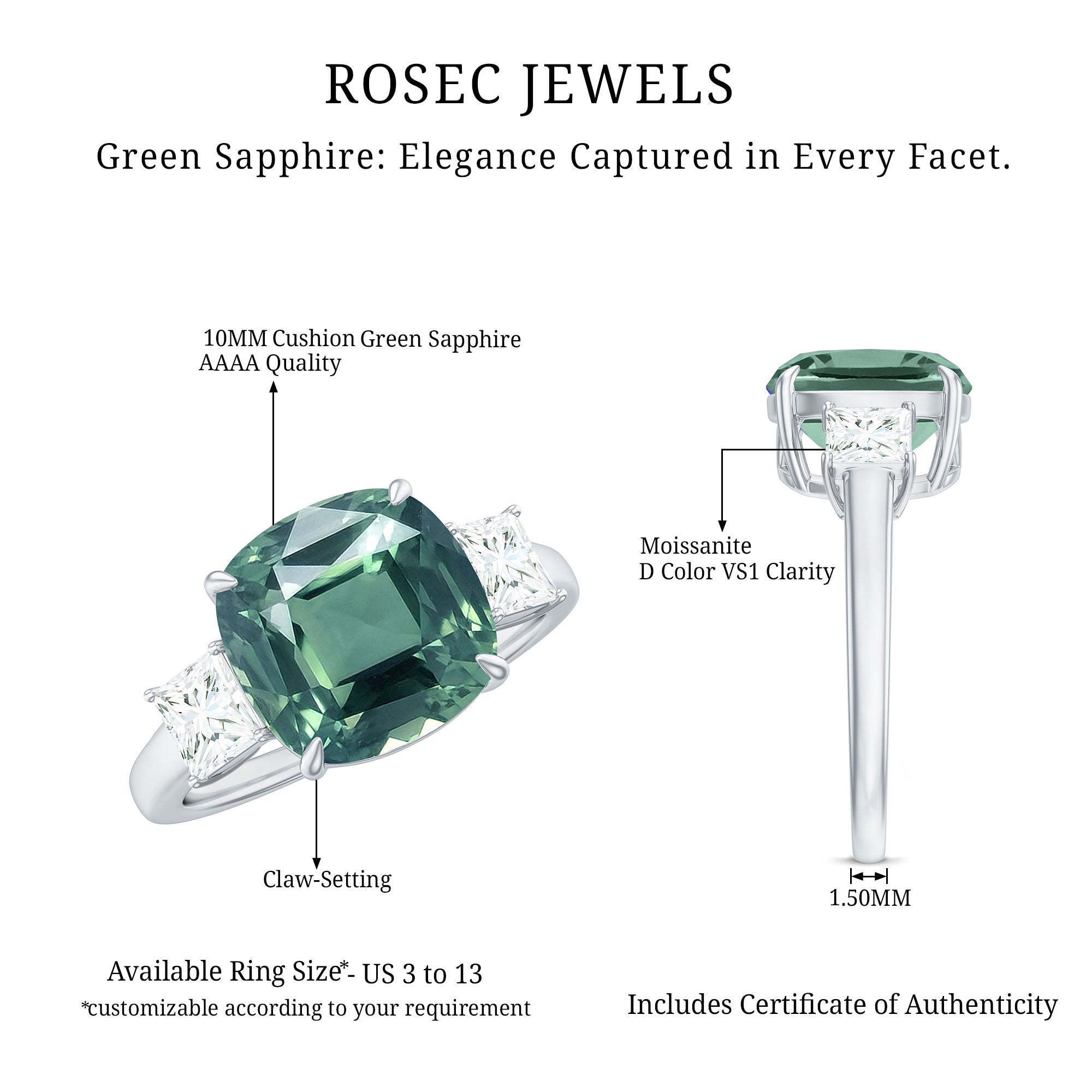 Cushion Cut Created Green Sapphire and Moissanite Engagement Ring