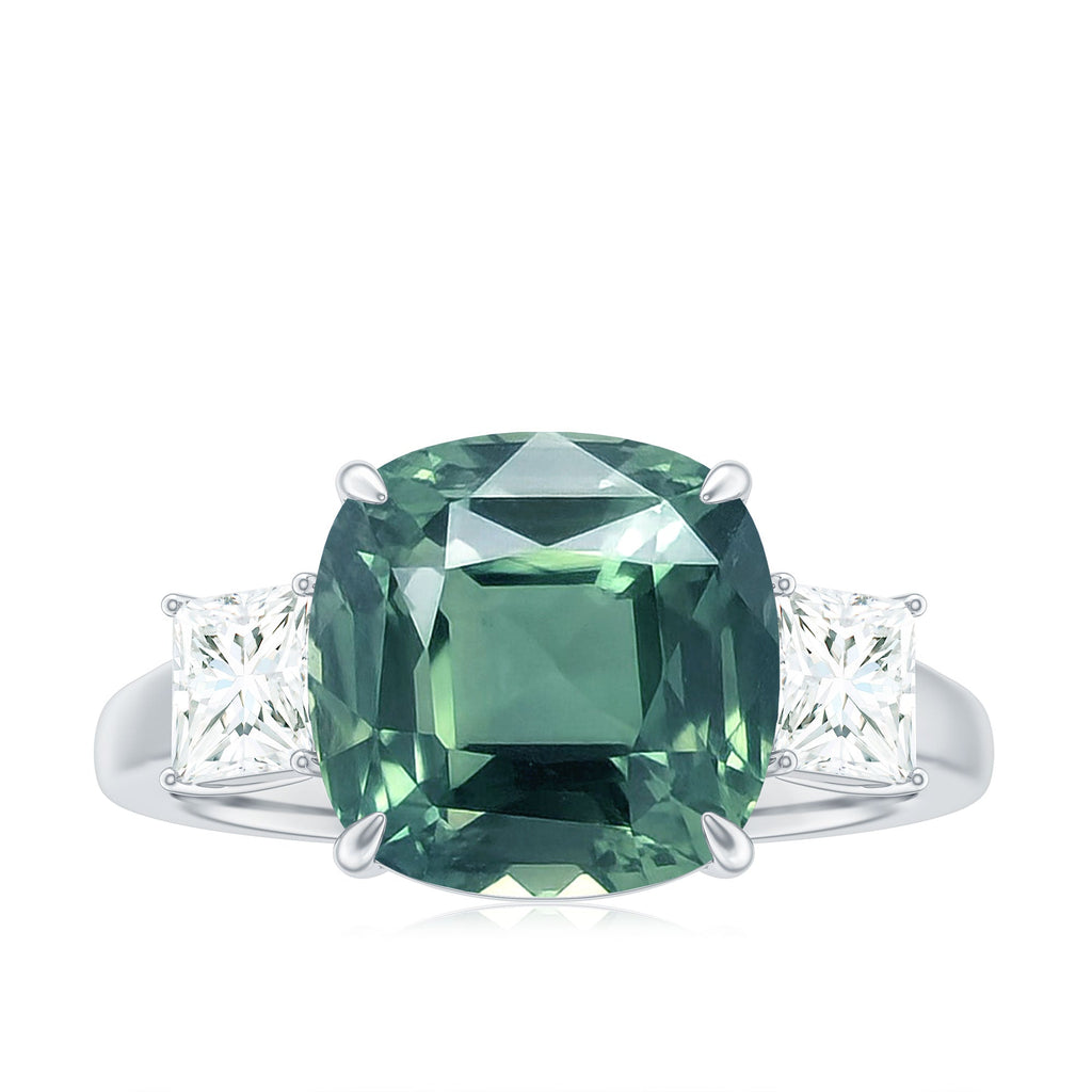 Cushion Cut Created Green Sapphire and Moissanite Engagement Ring