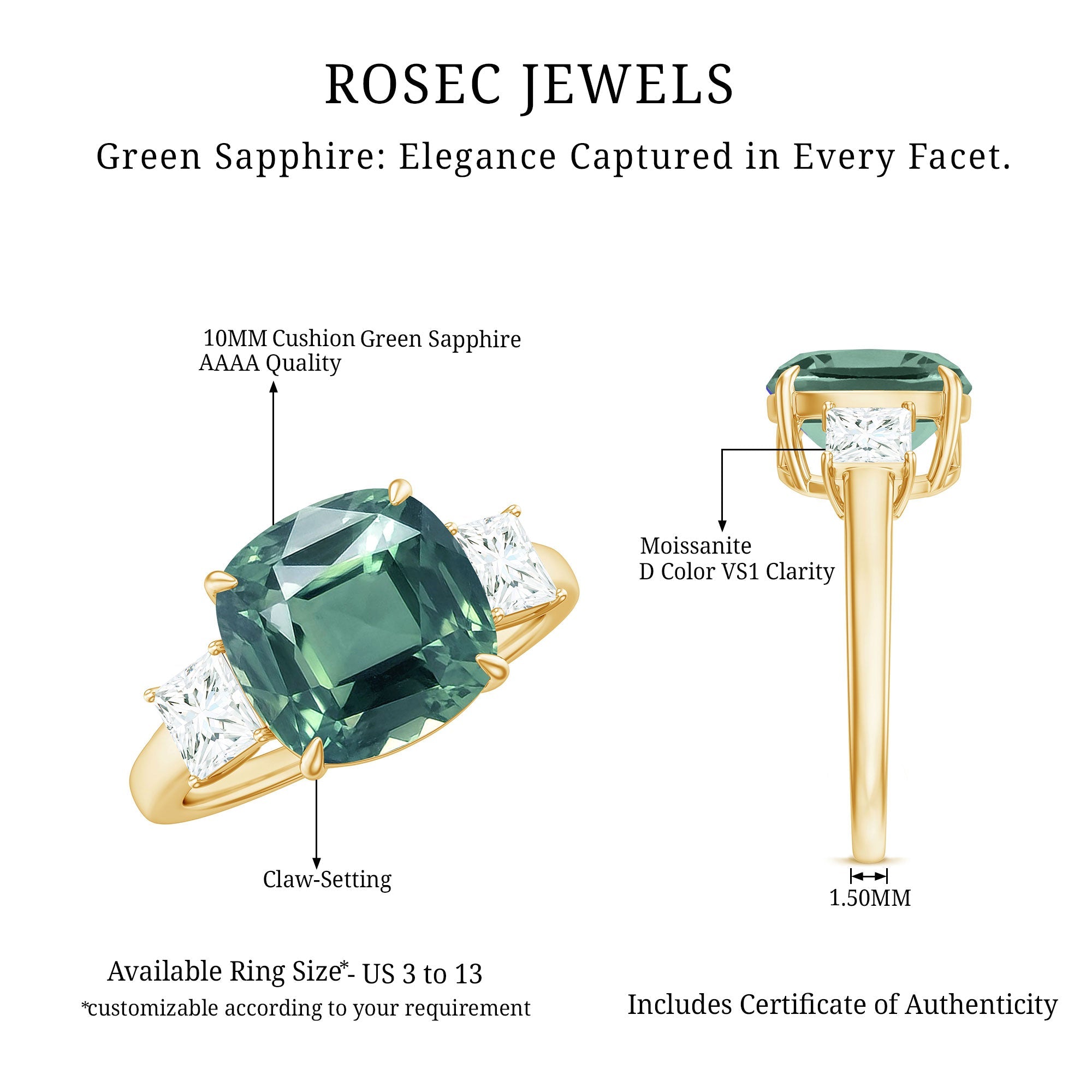 Cushion Cut Created Green Sapphire and Moissanite Engagement Ring