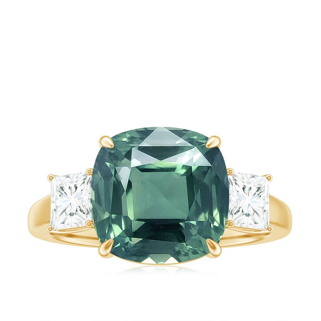 Cushion Cut Created Green Sapphire and Moissanite Engagement Ring