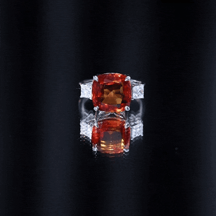 9 Carat Cushion Cut Lab Grown Orange Sapphire 3 Stone Engagement Ring