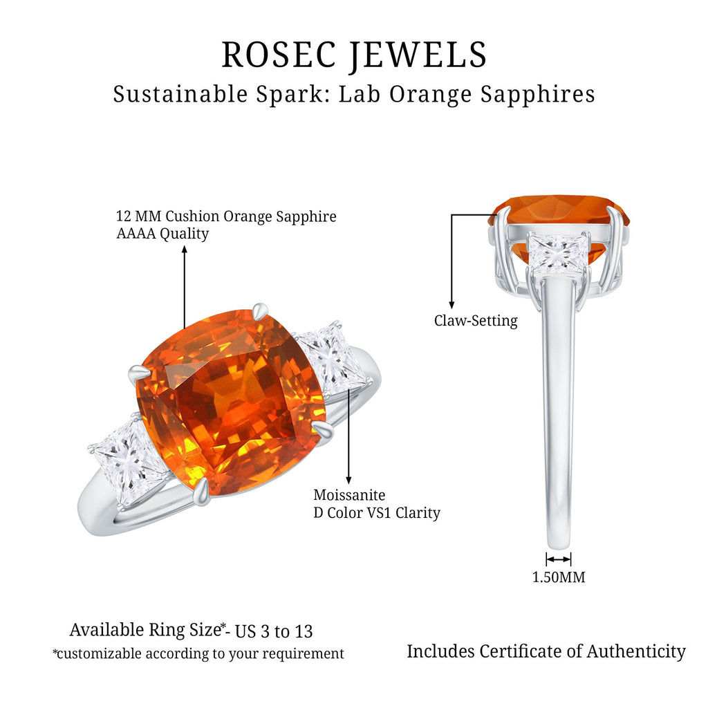 9 Carat Cushion Cut Lab Grown Orange Sapphire 3 Stone Engagement Ring