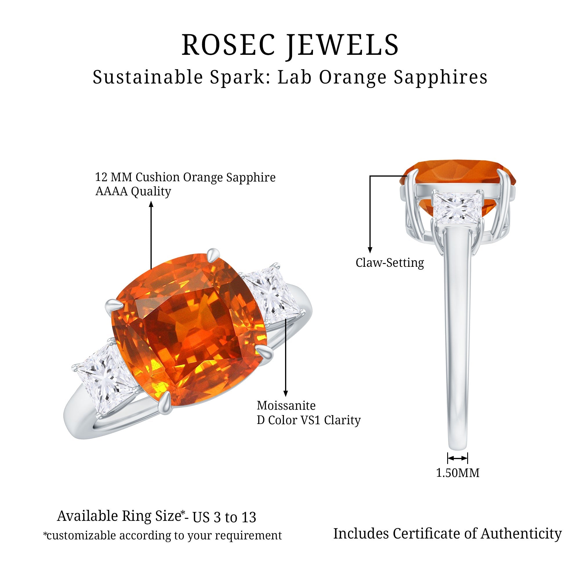 9 Carat Cushion Cut Lab Grown Orange Sapphire 3 Stone Engagement Ring