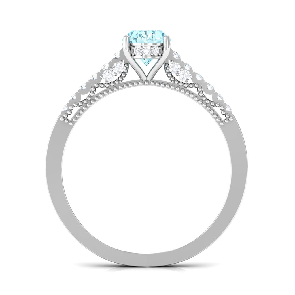 1 CT Oval Aquamarine Solitaire Engagement Ring with Diamond Side Stones