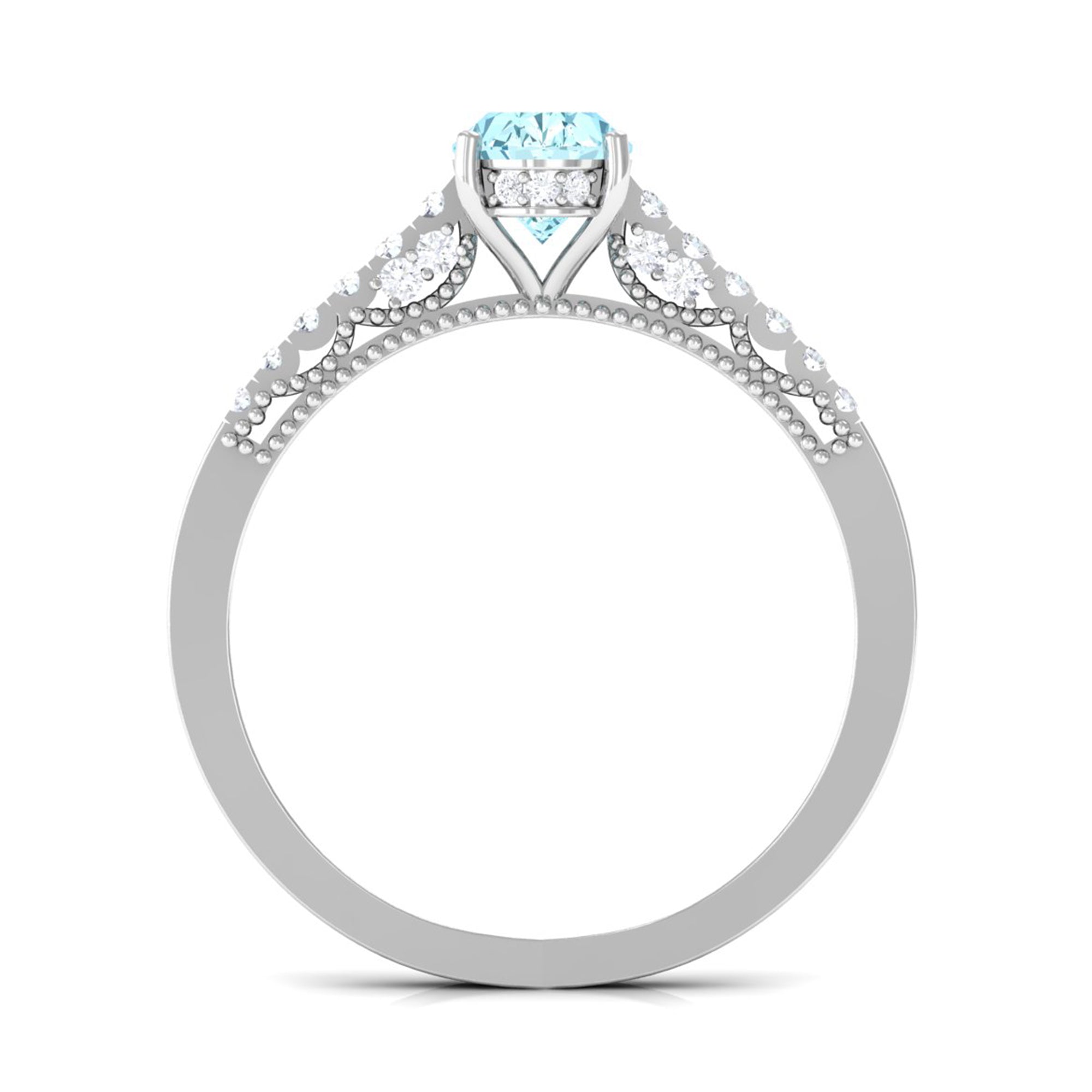 1 CT Oval Aquamarine Solitaire Engagement Ring with Diamond Side Stones