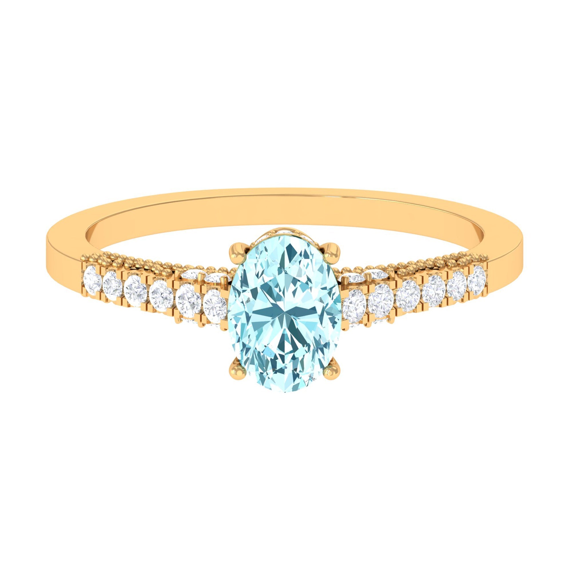 1 CT Oval Aquamarine Solitaire Engagement Ring with Diamond Side Stones