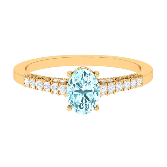 1 CT Oval Aquamarine Solitaire Engagement Ring with Diamond Side Stones