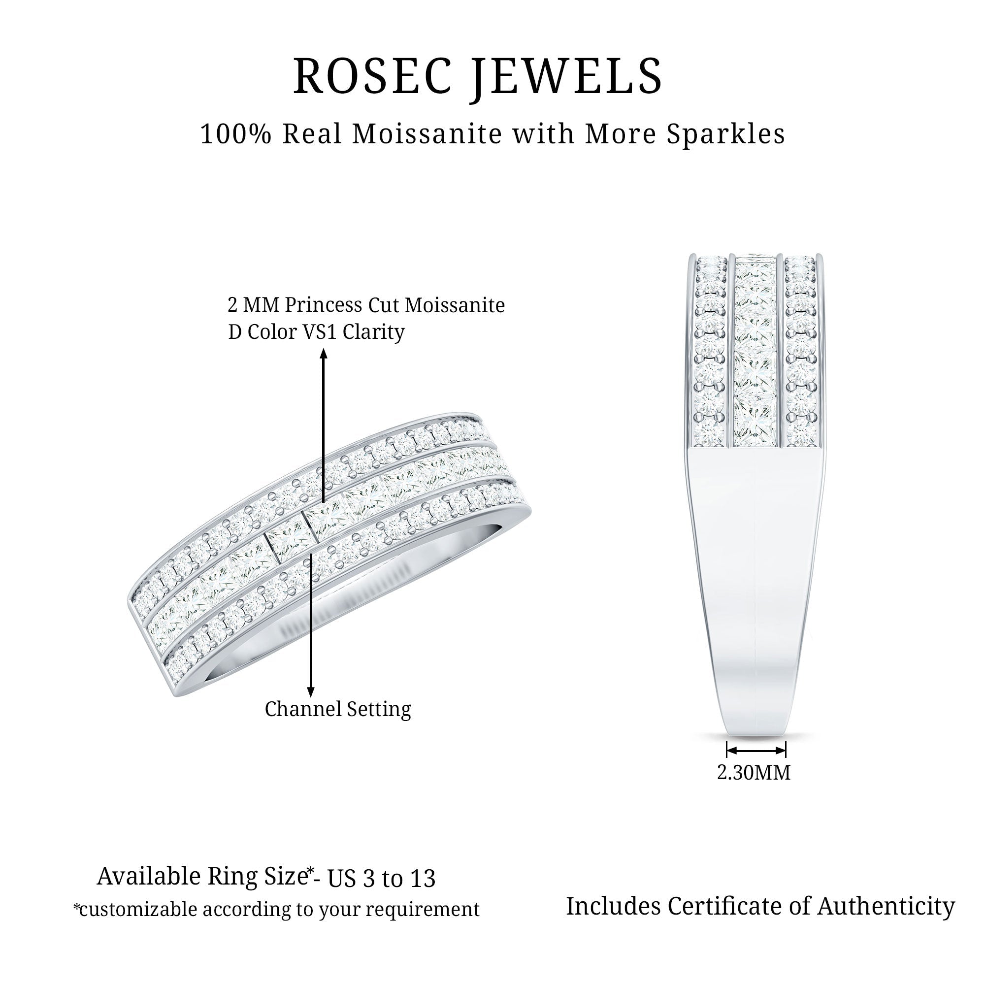 Moissanite 3 Row Eternity Band Ring for Women