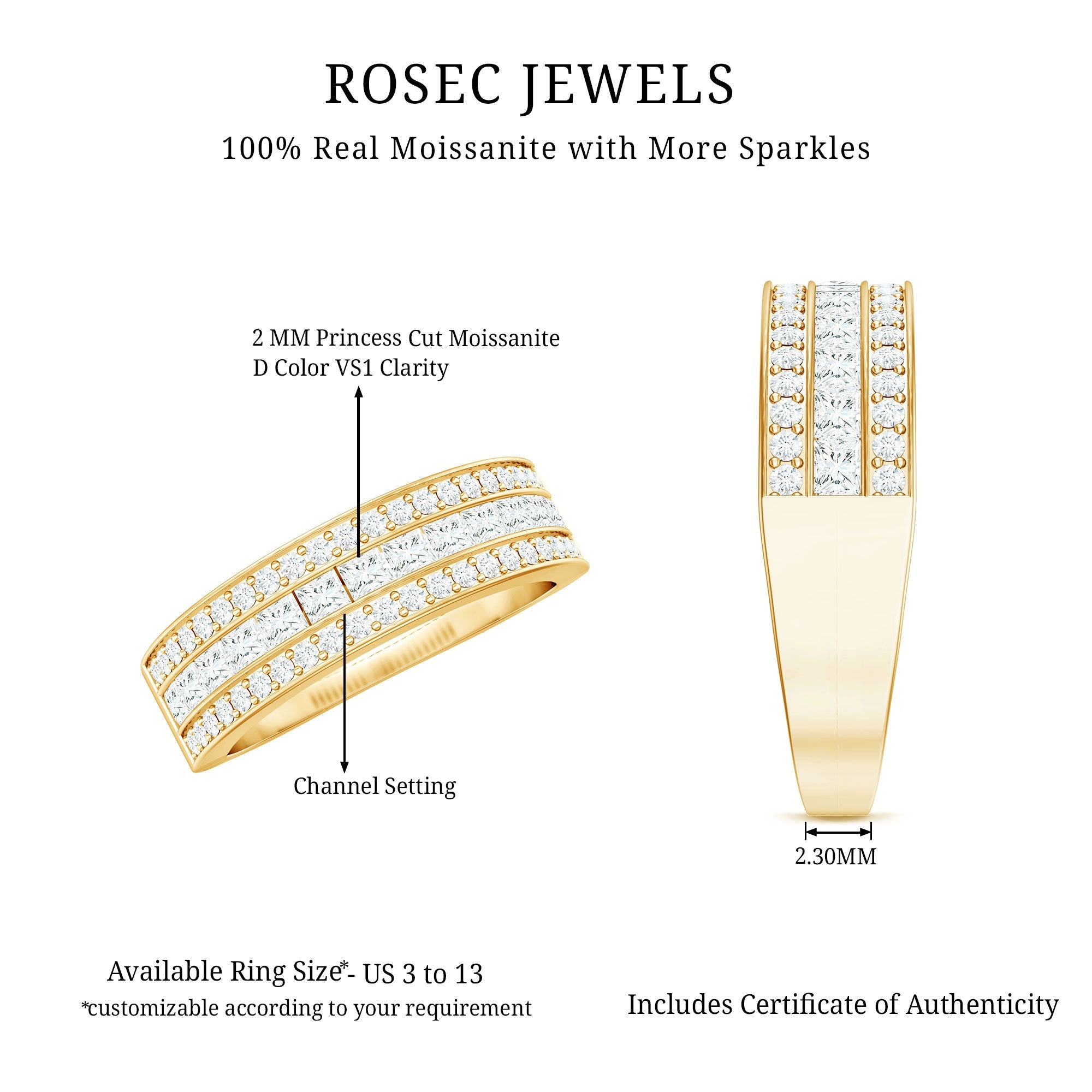 Moissanite 3 Row Eternity Band Ring for Women
