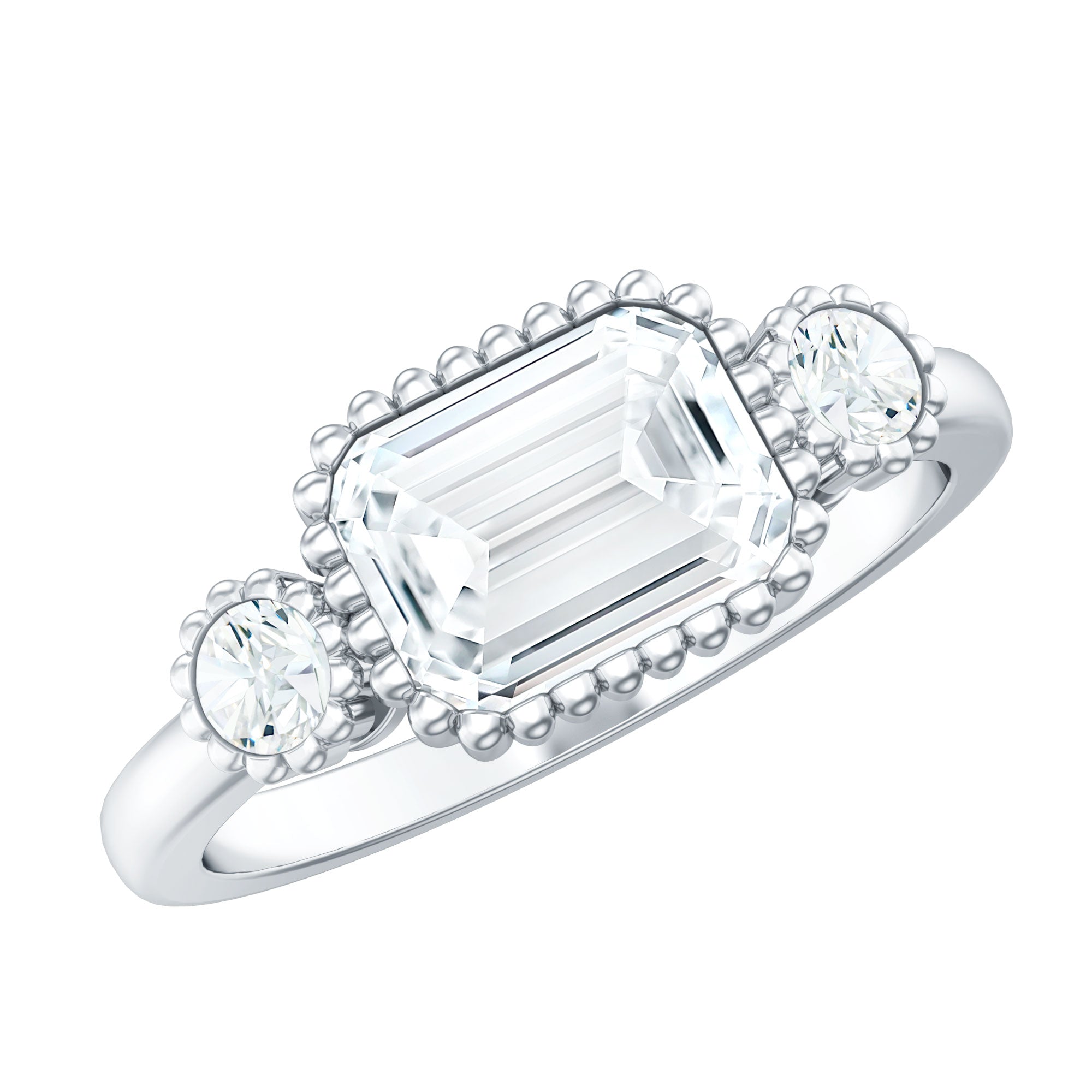 Emerald Cut Moissanite 3 Stone Engagement Ring in East West Style