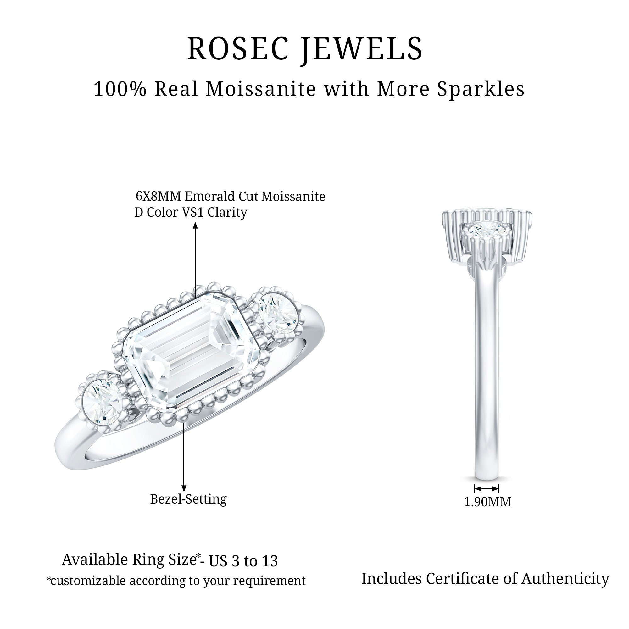 Emerald Cut Moissanite 3 Stone Engagement Ring in East West Style