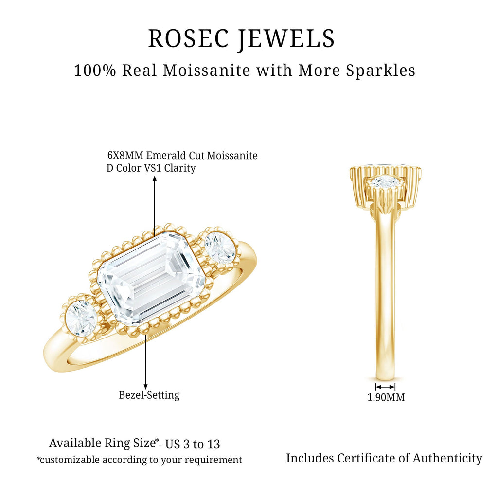 Emerald Cut Moissanite 3 Stone Engagement Ring in East West Style