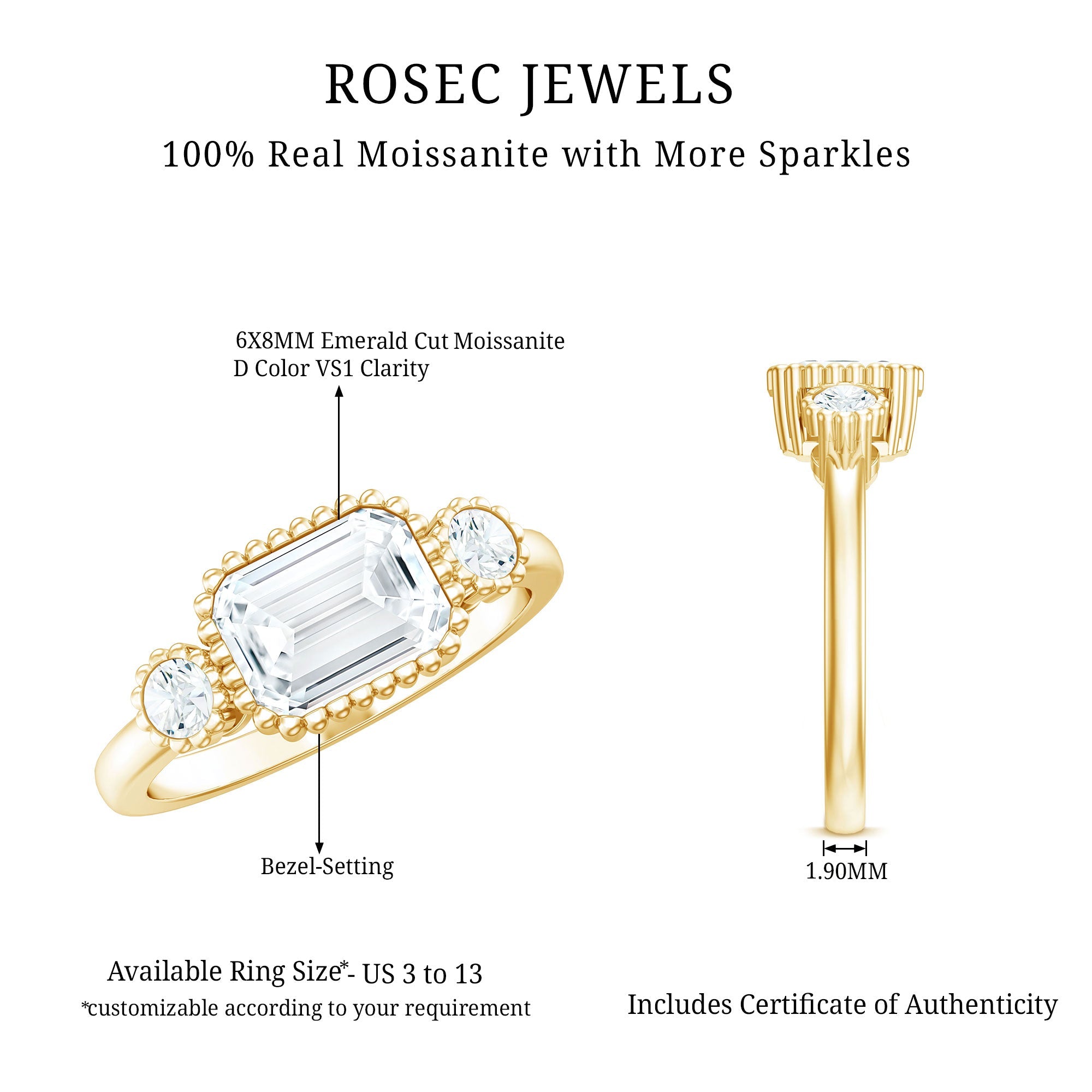 Emerald Cut Moissanite 3 Stone Engagement Ring in East West Style