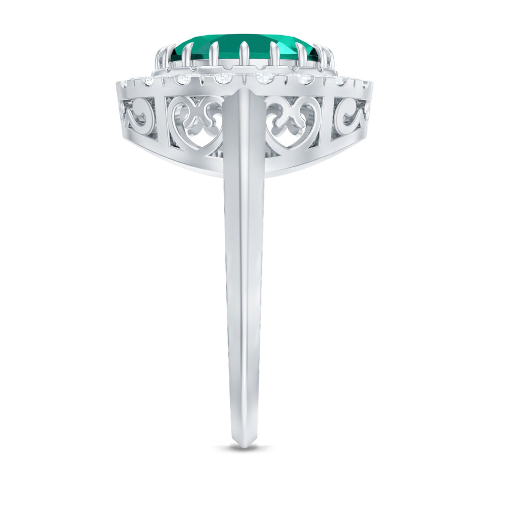 Certified 8X10 mm Oval Lab Grown Emerald Vintage Looking Engagement Ring with Halo