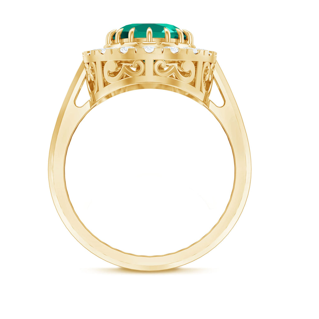 Certified 8X10 mm Oval Lab Grown Emerald Vintage Looking Engagement Ring with Halo
