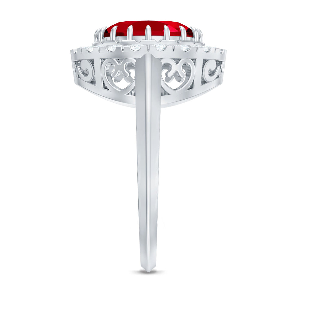 Vintage Inspired Oval Lab Created Ruby Halo Engagement Ring