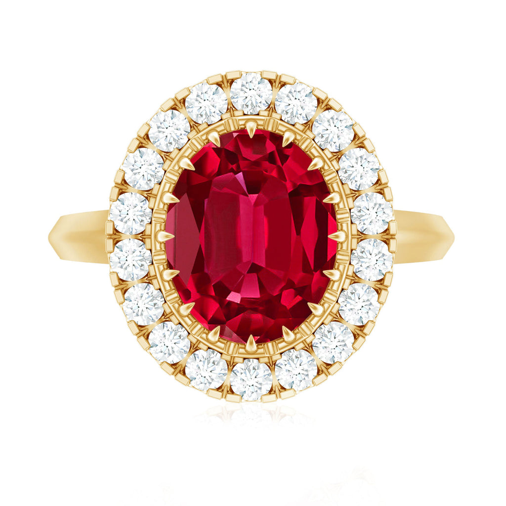 Vintage Inspired Oval Lab Created Ruby Halo Engagement Ring