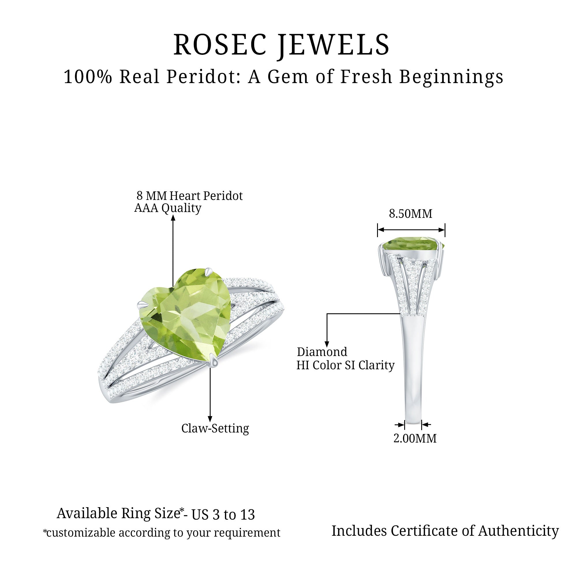 Natural 2 Carat Peridot Heart Engagement Ring with Diamond