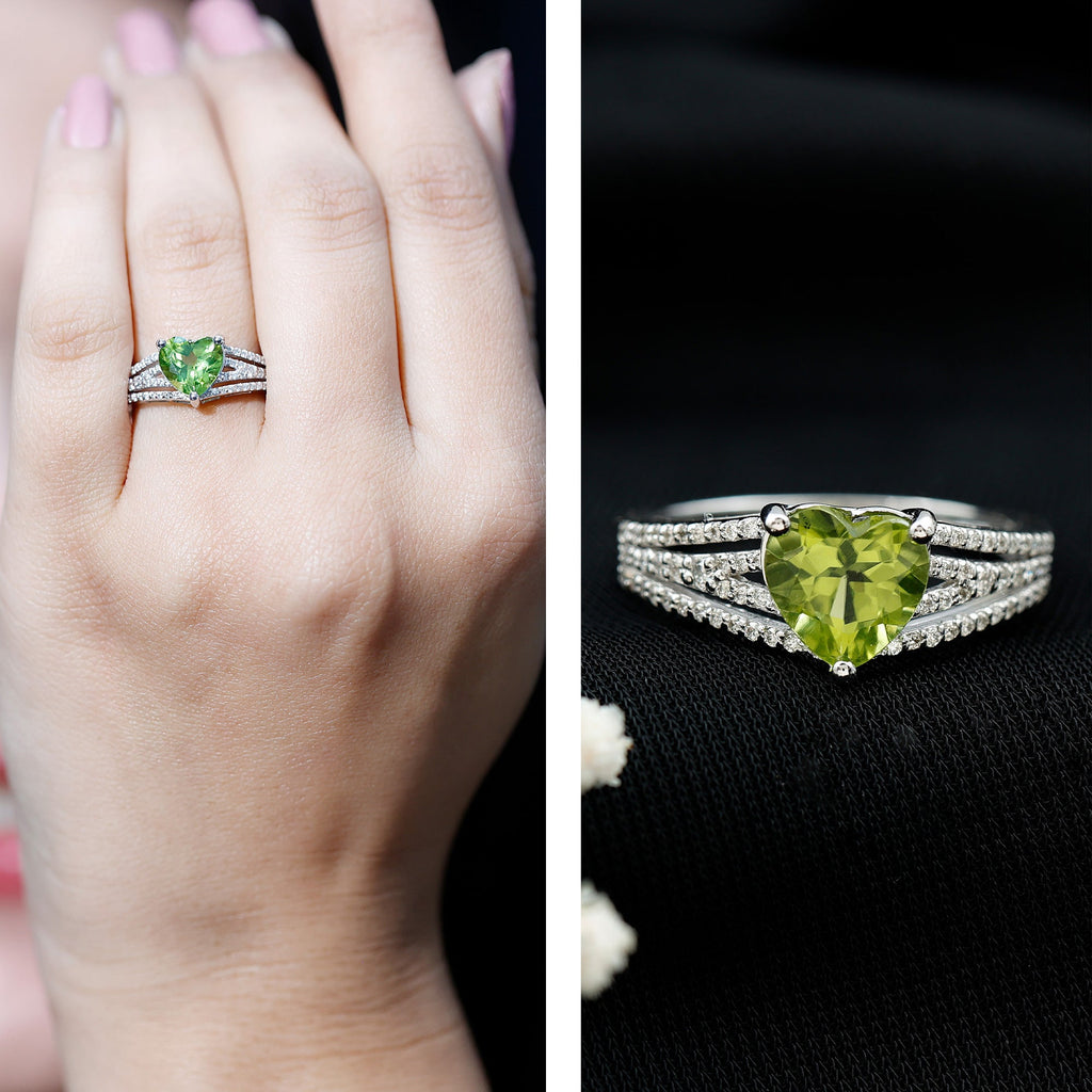 Natural 2 Carat Peridot Heart Engagement Ring with Diamond