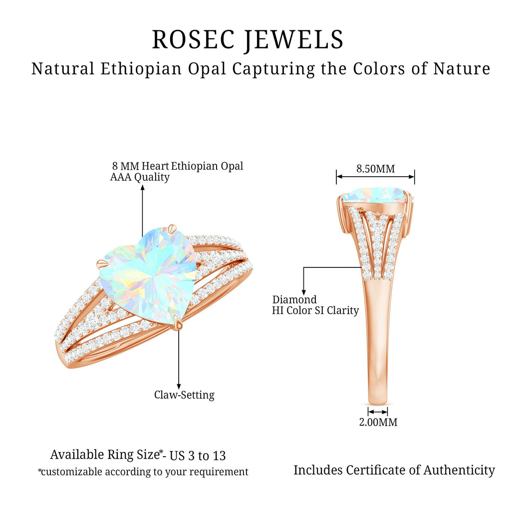 Designer Ethiopian Opal Heart Engagement Ring with Diamond Split Shank